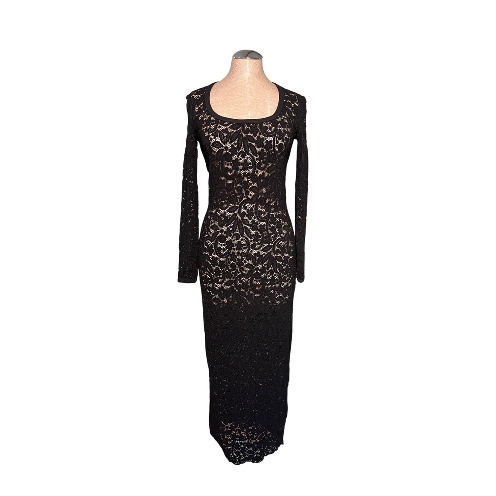 Capucine Puerari Vintage 90s Black Floral Lace Long Sleeve Midi Dress S M